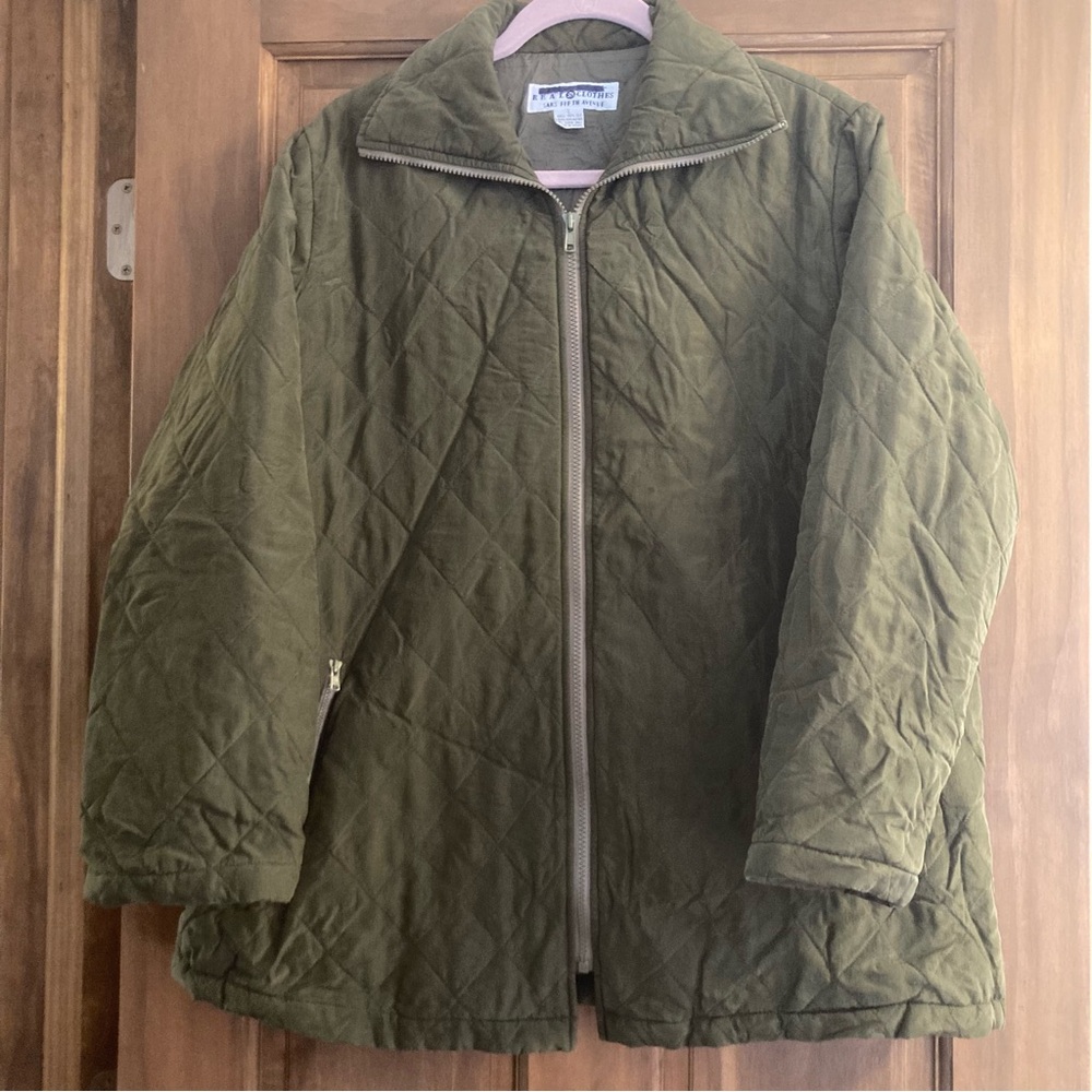 Real Clothes Saks Fifth Avenue Dark Green Quilted Silk Zip-up Jacket Large